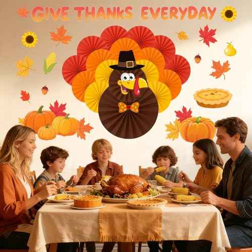 Aovaely 65 PCS Thanksgiving Bulletin Board Decorations, 3D Turkey Paper Fans Give Thanks EveryDay Paper Cutouts Pumpkins Maple Leaves November Thanksgiving Party Decorations for School Home Office
