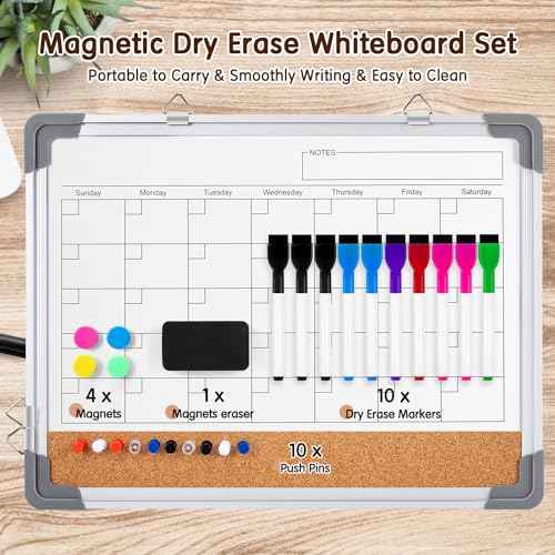VUSIGN Monthly Calendar White Board Dry Erase Cork Board Combination for Wall, 17''x13'' Double-Sided Magnetic Dry Erase Board, Portable Calendar Bulletin Board for Office, Kitchen, School, Home