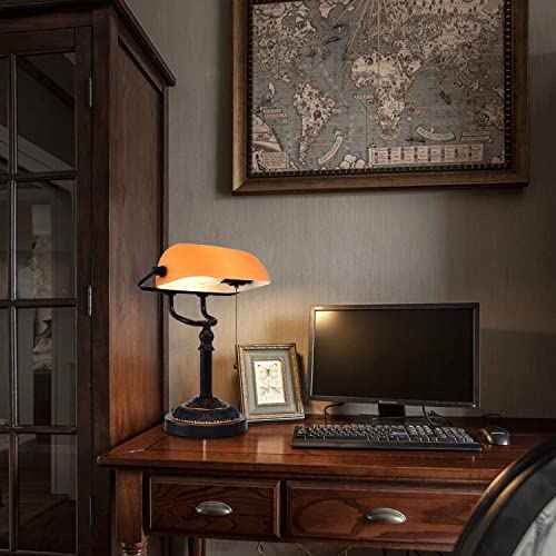 Rustic Banker's Desk Lamp Pull Chain, Traditional Bankers Desk Lamp with USB Port, Vintage Farmhouse Table Lamp for Home Office Library