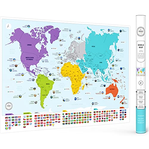 Colorful Educational World Map Poster with Flags & Capitals - 26x38 Inch