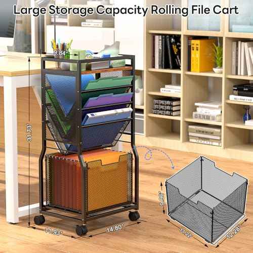 8 Tier Rolling File Cart with Hanging File Folder Organizer, Mobile File Organizer with 2 Sides Access Bookcase, Beside/Under Desk Cart with Wheels for Office Home School
