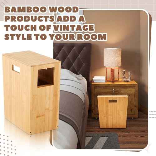Slim Bamboo Trash Can for Bathroom Small Wooden Trash Can with Lid Wooden Waste Bin with Handle for Bathroom, Home, Office, Laundry, Bedroom, Kitchen, Living Room,12.9'' x 6.4'' x 13.3''