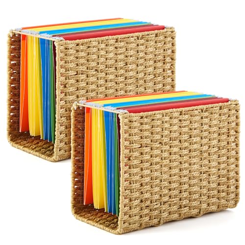 Paper Rope Hanging File Basket with Handle 12 x 10 x 6.3 Inch Decorative File Folder Organizer Letter Size Woven Box Organizers Portable Document Storage Box for Office Decor (2 Pcs,Brown)