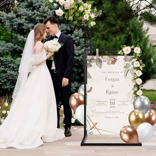 Wedding Welcome Sign Holder, Detachable Welcome To Our Wedding Sign Stand with Balloons, Sign Hanging Straps, Eucalyptus Rose Vines, Easel Stand for Sign, Wedding Seating Chart Stand, Poster(Black)