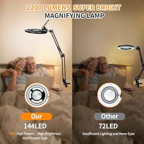 HITTI 10X Long Magnifying Glass with Light and Stand, 2200 Lumens Dimmable Bright LED Lighted Magnifier, Ajustable Swing Arm Magnifying Desk Lamp with Clamp, Hands Free for Hobby Repair Workbench