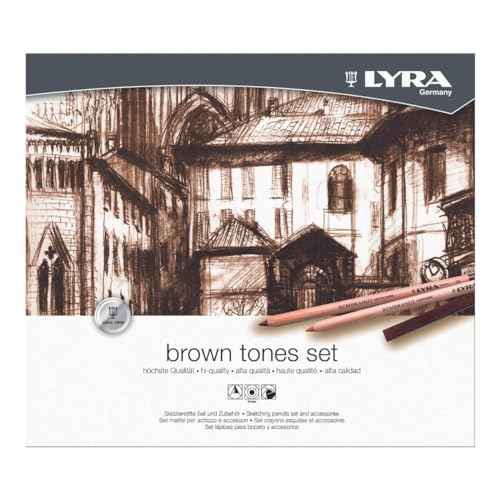 LYRA - Metal box of pastels and sketching pencils brown tones + accessories - 25 pieces