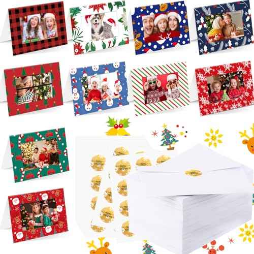 Zhanmai 150 Set Christmas Photo Frame Greeting Cards with Envelopes and Stickers Christmas Cute Holiday Gift Card Set Holder Vintage Christmas Cards Assortment for 4" x 6" Photos