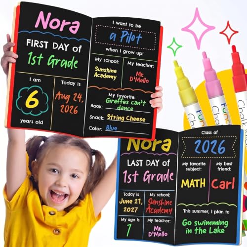 Funcils Book Board First Day of School Sign with 3 Chalk Markers - Kindergarten & Preschool Class Photo Prop