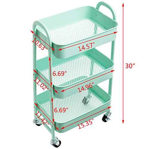 AGTEK Makeup Cart, Movable Rolling Organizer Cart, Macaron Blue 3 Tier Metal Utility Cart