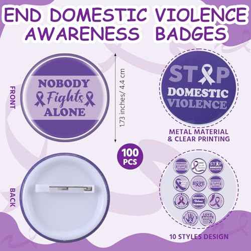 400 Pcs/100 Sets Domestic Violence Awareness Kit Include Purple Ribbon Pens Stickers Silicone Bracelets Wristbands Badges Pins for Domestic Violence Awareness Men Women Charity Gifts