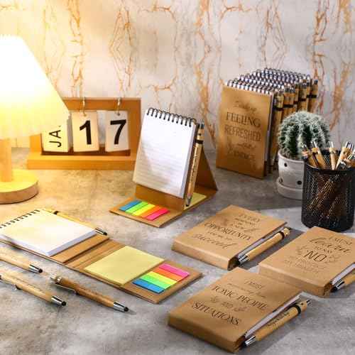 Pasimy 24 Set/48 Pcs Christmas Employee Appreciation Gifts Bulk Positive Affirmation Spiral Notebooks with Sticky Notes and Bamboo Pens 60 Sheets for Women Men Office School Holiday, 3.9 x 5.9 Inches