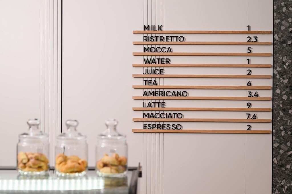 Inko Horeca Wooden Wall Menu Board - 10 Oiled Oak Rails + 400 Black Letters - Changeable Letter Shelf Display for Cafe, Restaurant & Home Decor