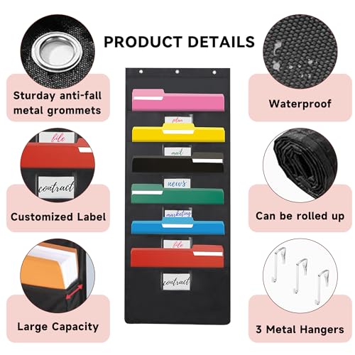 Black Hanging Wall File Organizer with 6 Pockets,2 Packs Wall Hanging File Folder Organizer,Over the Door Storage Pocket Chart with 3 Metal Hangers, Space Saver for Office and Classroom