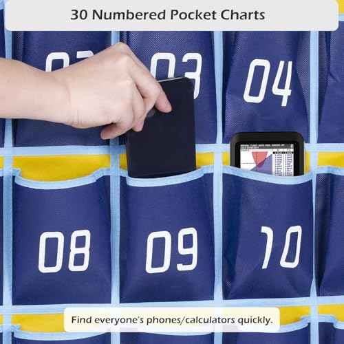 MISSLO Classroom Cell Phone Calculator Holder Numbered 30 Pockets Chart Hanging Wall Door Storage Organizer (Blue)