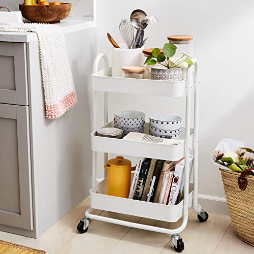 White 3-Tier Rolling Utility Cart with Lockable Wheels - Multi-Purpose Storage Organizer
