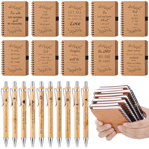 30 Set Christian Gifts Bulk Inspirational Spiral Notebook Bible Verses Ballpoint Pen Prayer Journal Religious Party Favor God Scripture Notepad for Teacher Women Church Party Office (Brown)