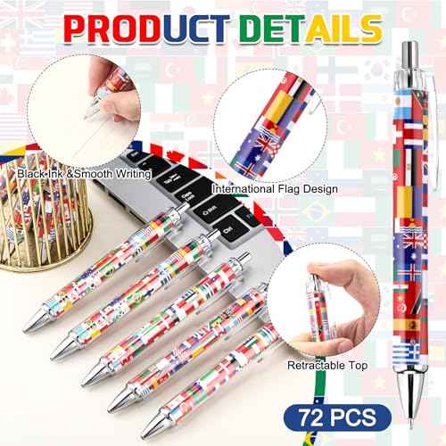 144 Pcs Around the World Party Favors International Flag Retractable Pens Country Flag Rubber Bracelets Multicultural Classroom Christmas Holiday Around the World Decorations