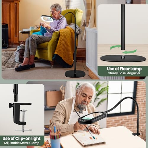 10X Rectangular Magnifying Glass with Light and Stand, 24" Flexible Gooseneck Floor Lamp, 3-in-1 LED 5 Color Modes, Brightness Stepless Dimmable Lighted Magnifier Hands Free for Craft, Hobby, Reading