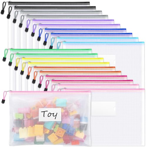 Sooez 20 Pack Mesh Zipper Pouch Bags, A4 Letter Size, Zipper Bags with Label Pocket, Waterproof Pouches for Classroom Organization, Board Game Storage, Document Bag for Teacher School Office Supplies