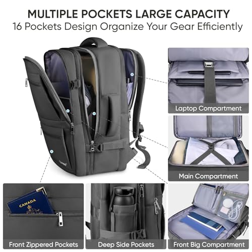 BALEINE Travel Backpack for Women Men, Large Sturdy Carry On Laptop Backpack Gifts for Business, Casual, Weekender, Hiking (XL, Black)