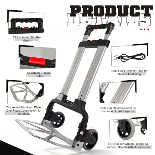 Folding Hand Truck, Portable Heavy Duty Carrying Moving Dolly Cart with 2 Foldable Wheels and Retractable Handle Duty 220lbs (Silver)