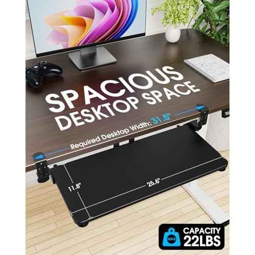 Large Keyboard Tray Under Desk, Pull Out Keyboard & Mouse Tray with Adjustable C-clamp, 25.6(31.5 Including Clamps) x 11.8 Inch Slide Out Computer Keyboard Drawer Mouse Tray for Typing, Black