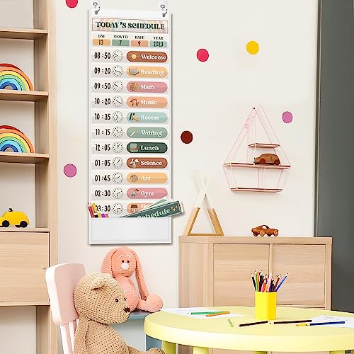 Godery Boho White Daily Schedule Pocket Chart for Classroom with 24 Cards - Back to School Decor
