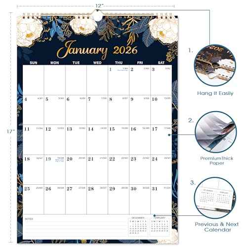 Calendar 2026 - Wall Calendar 2026, 12 x 17 In, Jan. 2026 - Dec. 2026, 12 Months Calendar 2026, Twin-Wire Binding, Hanging Hook, Thick Paper, Unruled Blocks, Julian Dates
