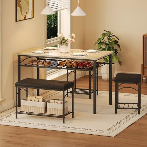 IDEALHOUSE Dining Table Set for 4 in Gray — Upholstered Benches & 2 Stools, Small Space Kitchen & Dining