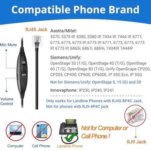 Callez RJ45 Telephone Headset with Microphone Noise Cancelling, Mono Quick Disconnect Phone Headset Compatible with Mitel/Aastra 6865i 6867i 6869i Siemens Unify OpenStage 30 40 60 80 Landline Phones