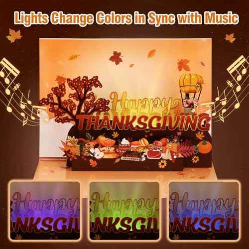 D4DREAM Musical Thanksgiving Card with Light - 3D Fall Pop Up Thanksgiving Cards and Envelopes for Adults Kids Boyfriend Girlfriend Autumn Party Decor