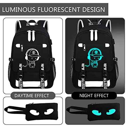 School Backpack for Boys Print Backpack Teenagers Anime Large School Bag Outdoor Reflective Daypack.Luminous Pattern Travel Laptop Backpack - With Usb Charging Port Headphone port
