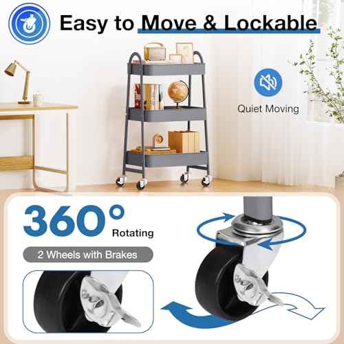 OLIXIS 3 Tier Utility Rolling Cart with Lockable Caster Wheels, Metal Mobile Storage Shelf, Organization for Livingroom, Bathroom, Kitchen, & Narrow Places, Light Grey
