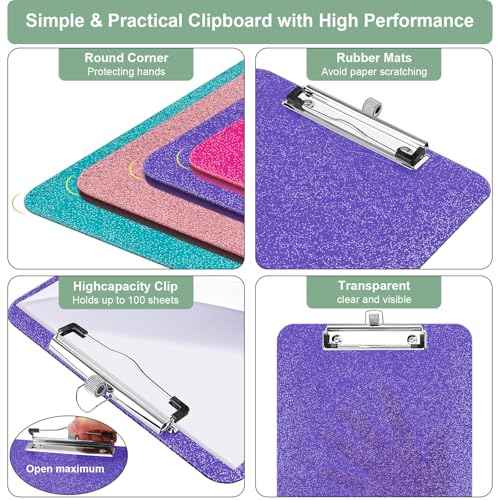 1 Pcs Clear Glitter Clipboards, Plastic Clipboard with Pen Holder,Size 8.85 x 12.4 in Shiny Clipboards with Low Profile Clip,Cute Hanging Clipboard for Office School Supplies Sparkly Clip board-Purple