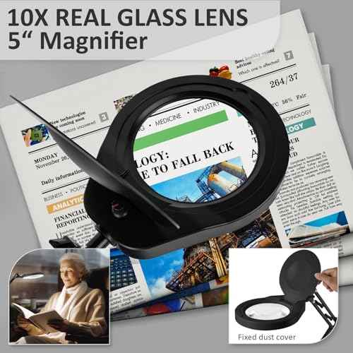 10X Magnifying Glass with Light and Stand,Dimmable Flexible Magnifying Craft Ligh, LED Lighted Magnifier Hands Free for Close Work Craft Reading Painting Hobby (Black-05)