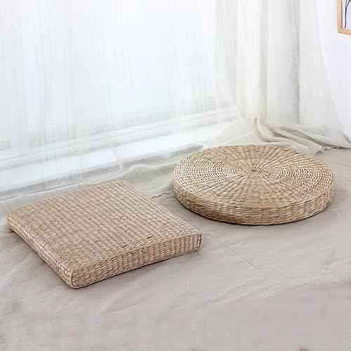 HEALLILY Hand-Woven Round Yoga Seat Cushion - 15 Inch Straw Floor Cushion for Meditation Sitting on Floor and Relaxation