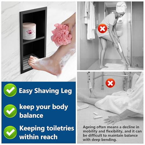 Shower Foot Rest for Shaving Legs, 304 Stainless Steel Footrest Niche with Shaving Holder, Recessed Shower Niche for Shaving Legs, Matte Black, 5.9" X 12.3"