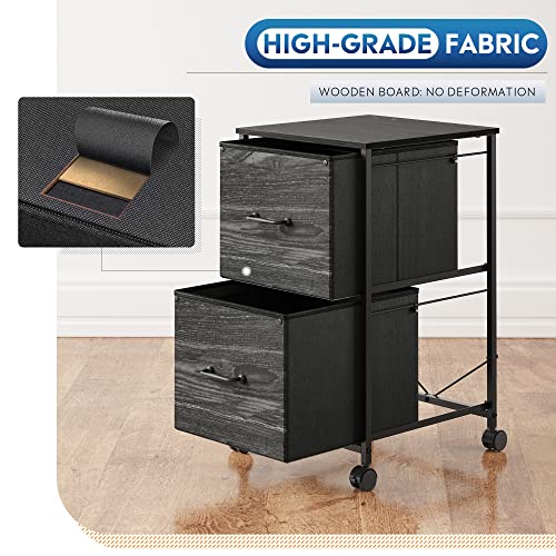 DEVAISE 2 Drawer Mobile File Cabinet, Rolling Printer Stand, Fabric Vertical Filing Cabinet fits A4 or Letter Size for Home Office, Charcoal Black Wood Grain Print