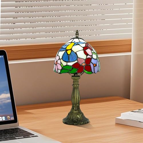Small Tiffany Lamp 8 Inch Stained Glass, 3 Color Temperature Adjustable, Handcrafted Antique Bedside Lamp for Bedroom Living Room with E26 LED Bulb (Hummingbird)