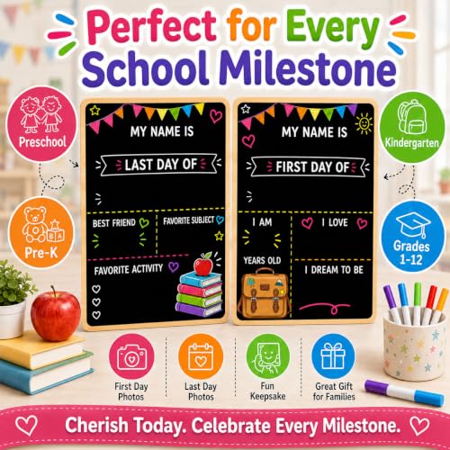 ChunRun Double-Sided First & Last Day of School Chalkboard Sign 10x12 Black Wooden Reusable Kids