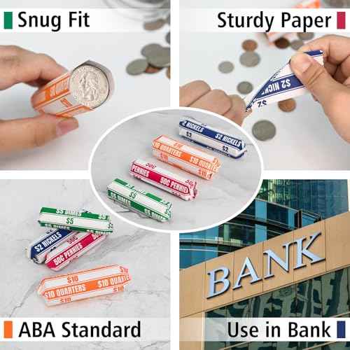 THEBLUETOUCH White Kraft Flat Coin Wrappers - 600 Assorted (200Pennies, 200Quarters, 100Nickels, 100Dimes) - Coin Roll Wrappers for All Coins