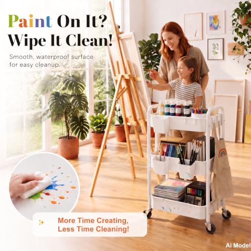 Aofure White 3-Tier Metal Rolling Cart with Wheels, Cups & Hooks - Multi-Purpose Storage