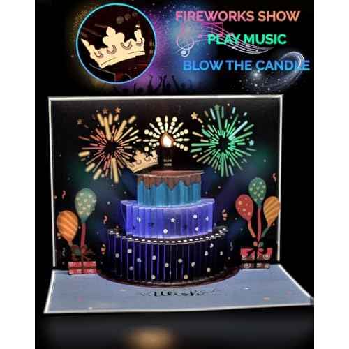 3D Pop Up Happy Birthday Cards for Men ? LED Fireworks & Music with Blow The Candle, Gold Crown, 3D Balloons, Blue Design - Happy Birthday Card for Him - Dad, Husband, Boys & Son (8.27" x 5.27")