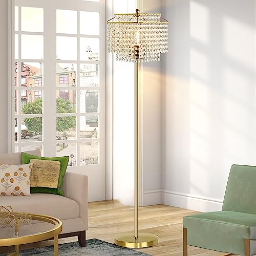 Luvkczc Gold Crystal Floor Lamp, 64" Tall Elegant Standing Lamp with On-Off Foot Switch, Double-Layer Lampshade, Standing Floor Lamps for Living Room, Bedroom, Office, 8W LED Bulb Included