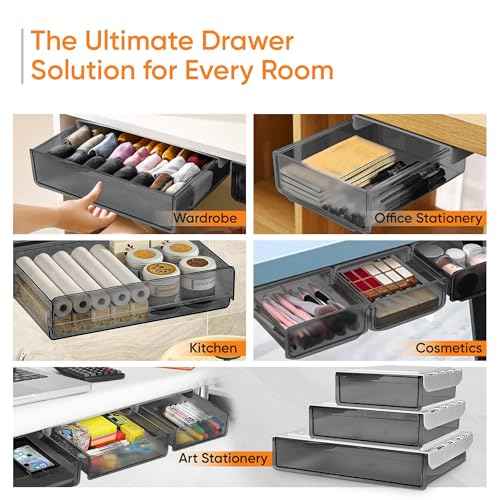 3 Pack Large & Medium & Small Under Desk Drawer Organizer, Pull Out Drawer for Office, Under Desk Storage Drawers, Under Cabinet Drawers Slide Out (Clear Black)