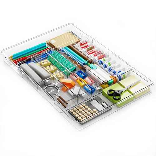 Yieach Large Expandable Desk Drawer Organizer Tray for Office Supplies and Accessories With 12 Adjustable Compartments,Office Drawer Organizers for Pencil,Pen and Kitchen Junk Drawer Organizer,Clear