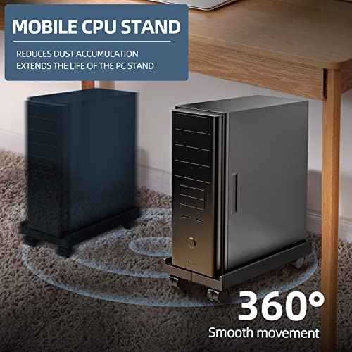 Adjustable Mobile CPU Stand, Ventilated Computer Tower Stand with 4 Caster Wheels Fits Most PC Tower, Under Desk CPU Holder PC Floor Cart Computer Riser for Gamers and Students (Black)