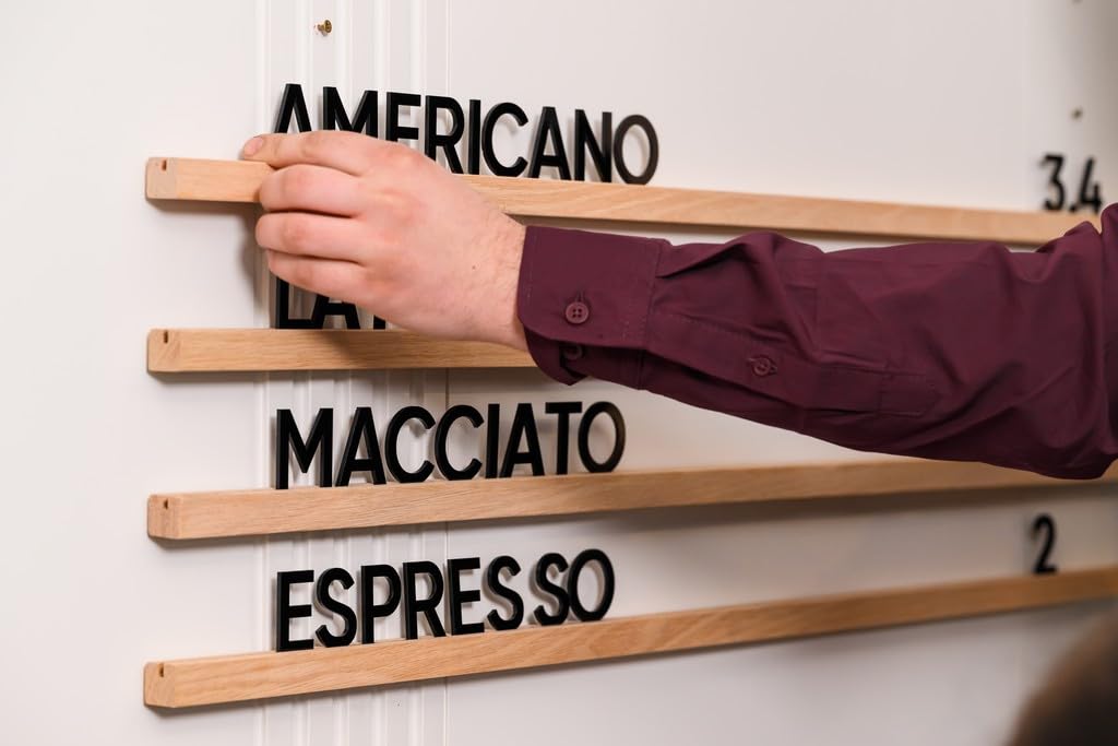 Inko Horeca Wooden Wall Menu Board - 10 Oiled Oak Rails + 400 Black Letters - Changeable Letter Shelf Display for Cafe, Restaurant & Home Decor