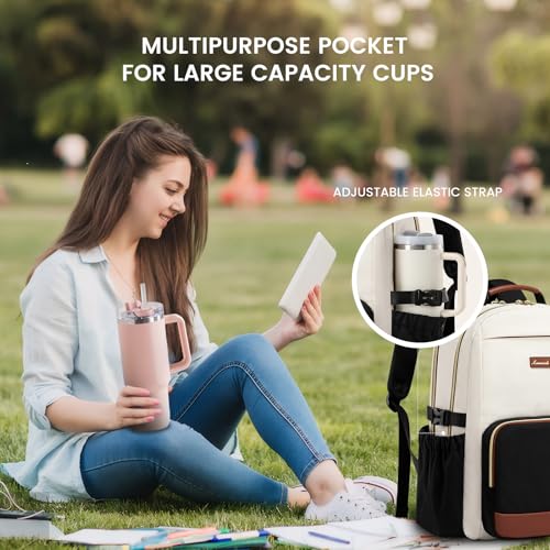 LOVEVOOK 15.6-Inch Water-Resistant Laptop Backpack for Women with Large Capacity Cup Pouch - Beige-Black-Brown