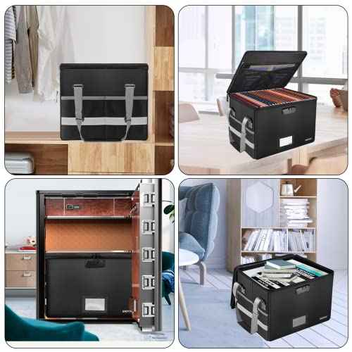 ENGPOW File Box with Lock,Fireproof Document Box with Zipper£¦Pockets,Collapsible File Organizer Filing Storage Cabinet with Handle,Portable Home Office Safe for Hanging Letter/Legal Folder,Black